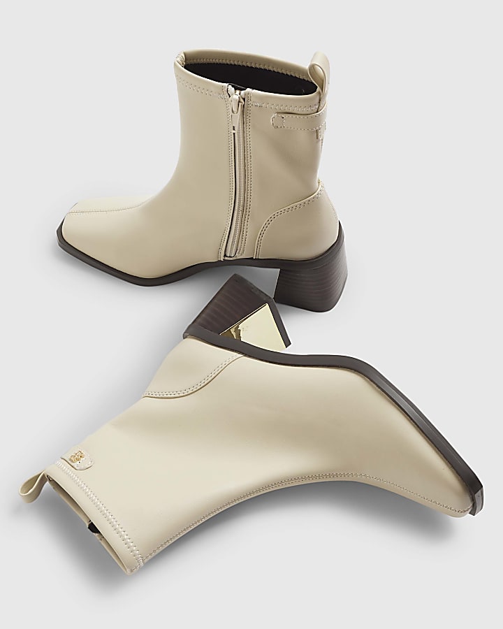 Cream Block Heel Stretch Sock Boots