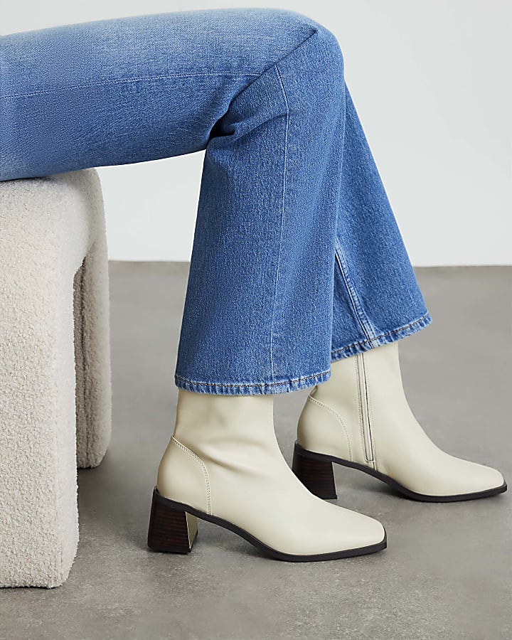Cream Block Heel Stretch Sock Boots
