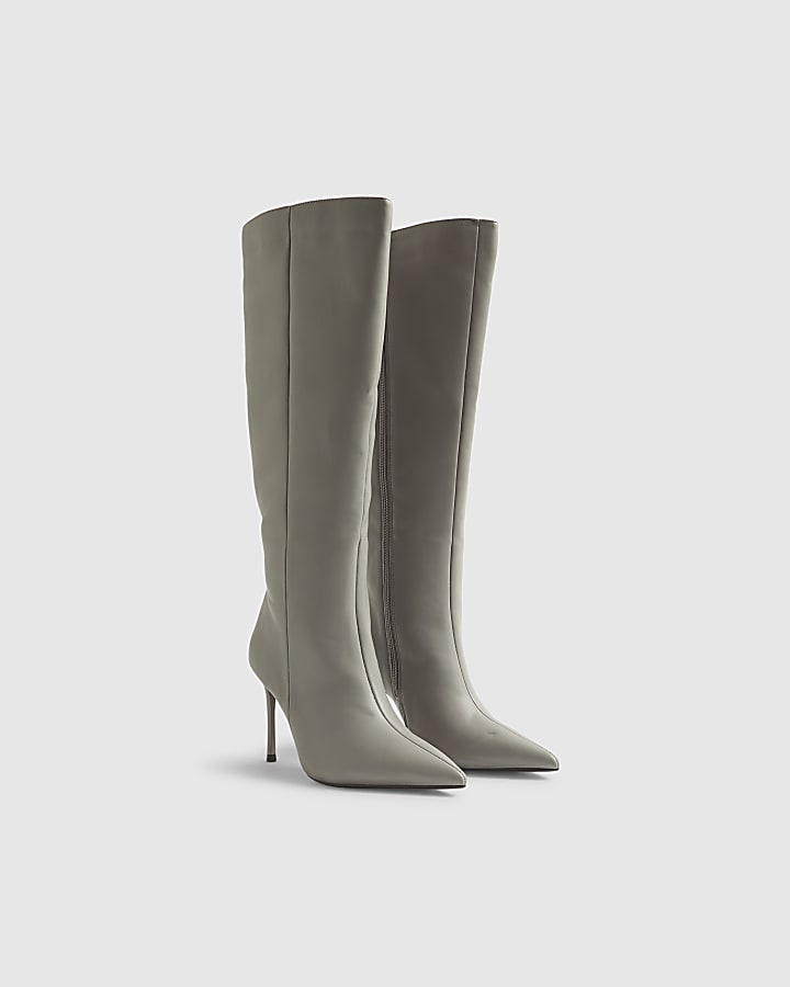Grey Skinny Heel Knee High Boots