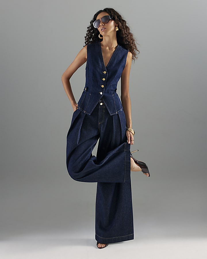 Blue Tailored Wide Leg Tab Jeans