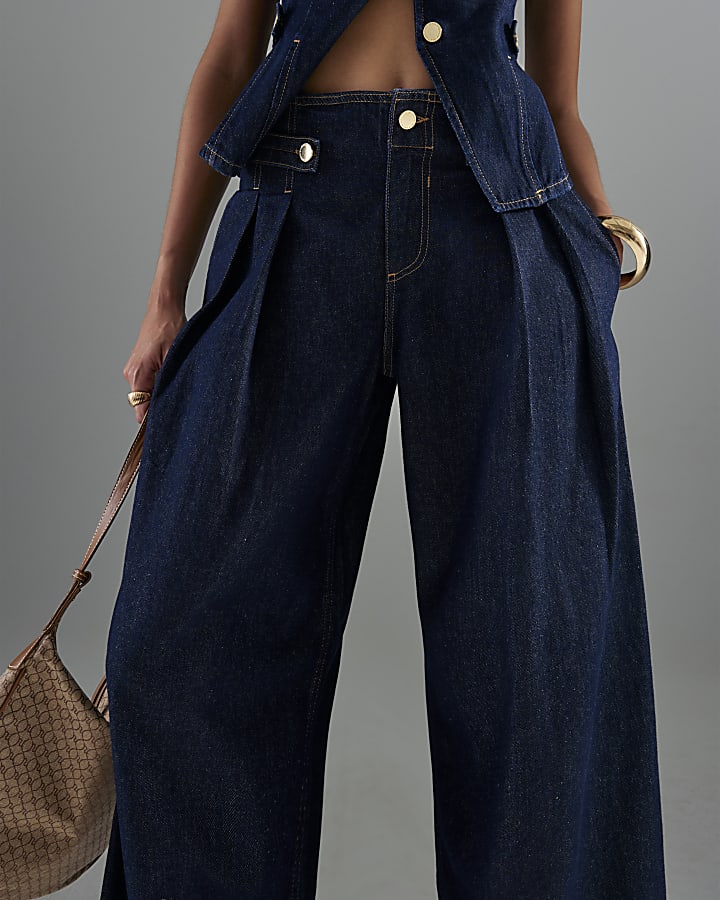 Blue Tailored Wide Leg Tab Jeans