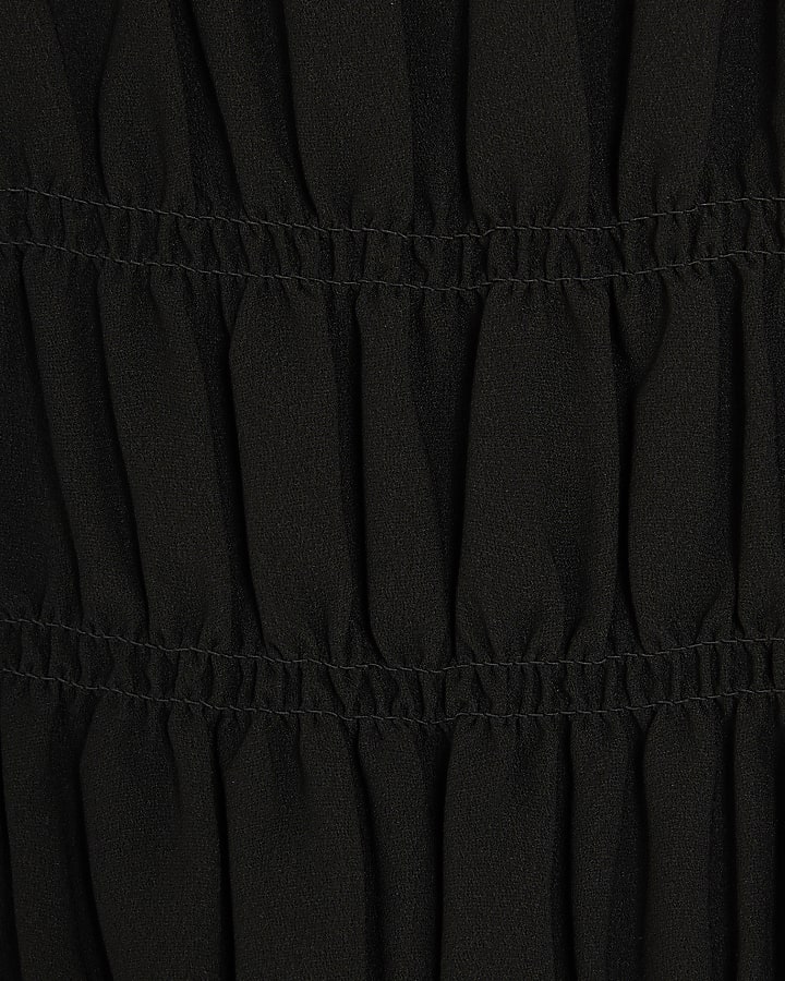 Black Shirred Long Sleeve Top