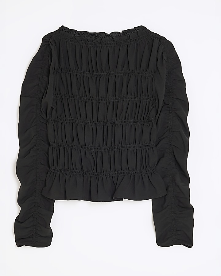 Black Shirred Long Sleeve Top