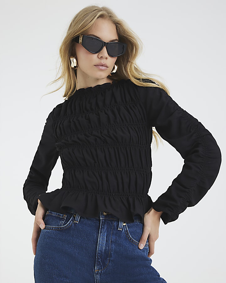 Black Shirred Long Sleeve Top