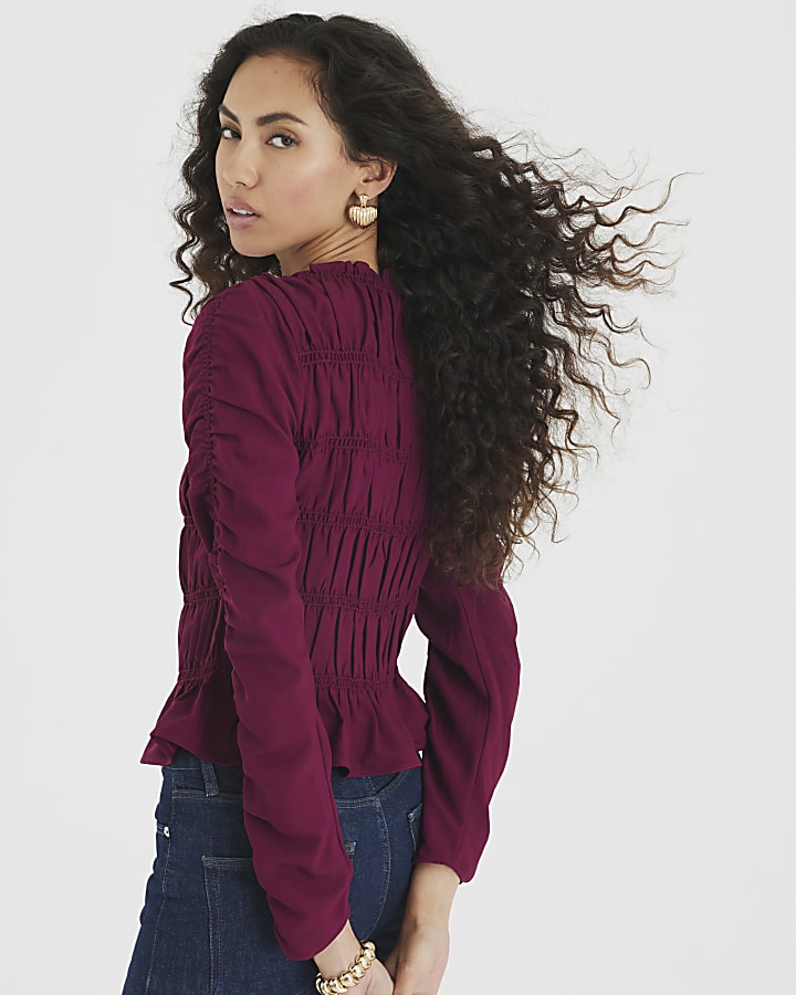 Red Shirred Long Sleeve Top