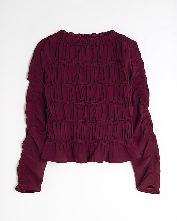 Red Shirred Long Sleeve Top