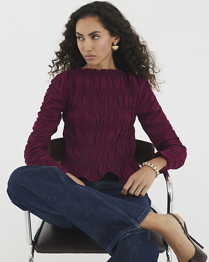 Red Shirred Long Sleeve Top
