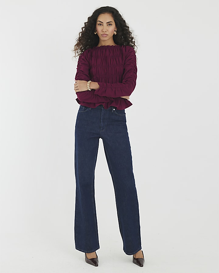 Red Shirred Long Sleeve Top