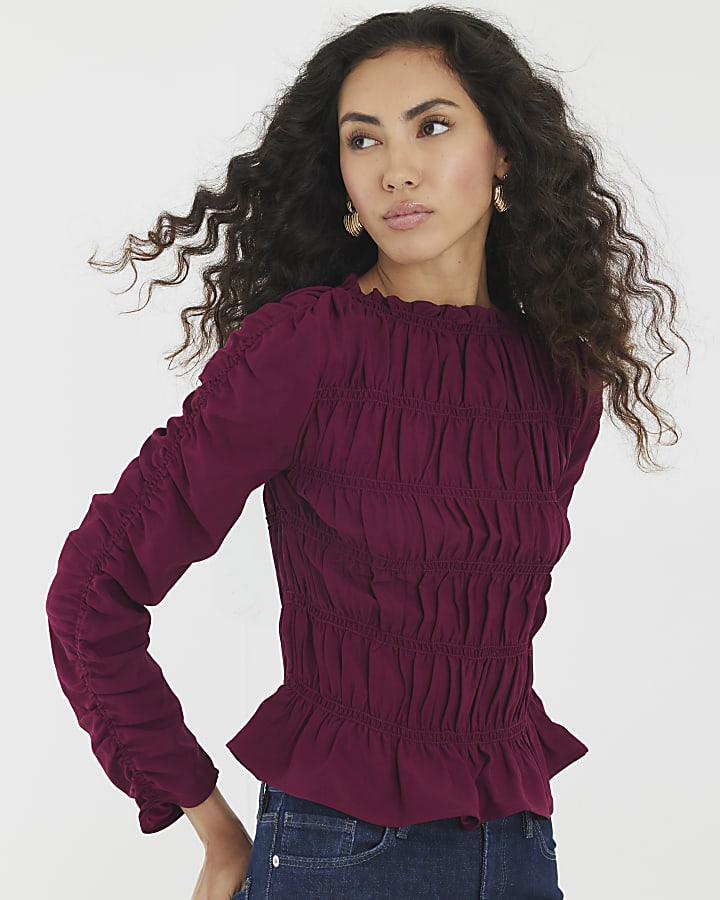 Red Shirred Long Sleeve Top