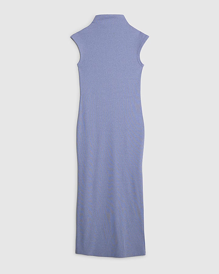 Blue High Neck Ribbed Midi Dress