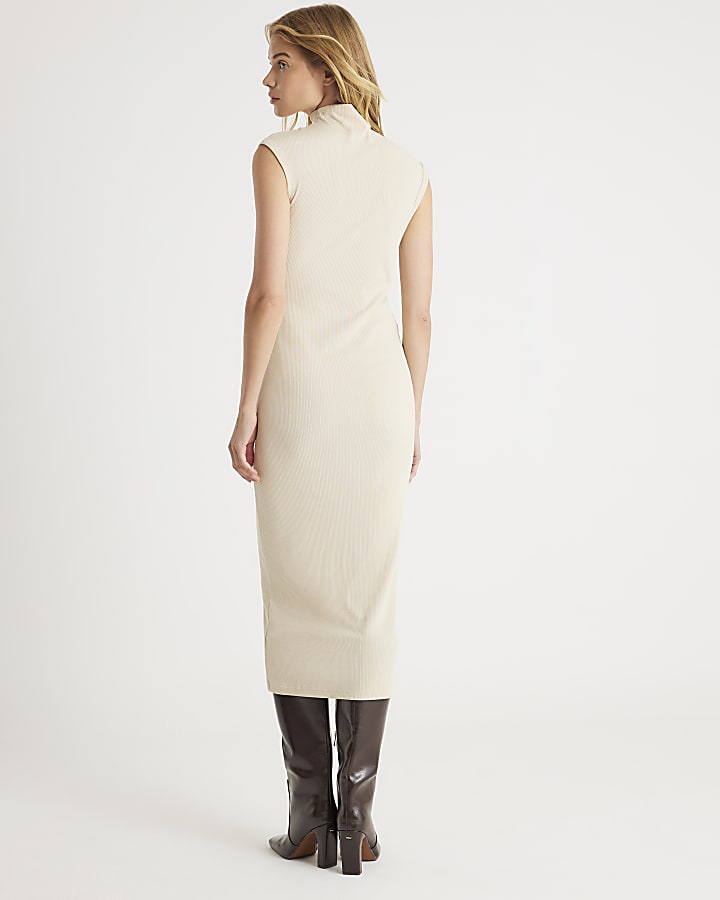 Cream High Neck Ribbed Midi Dress