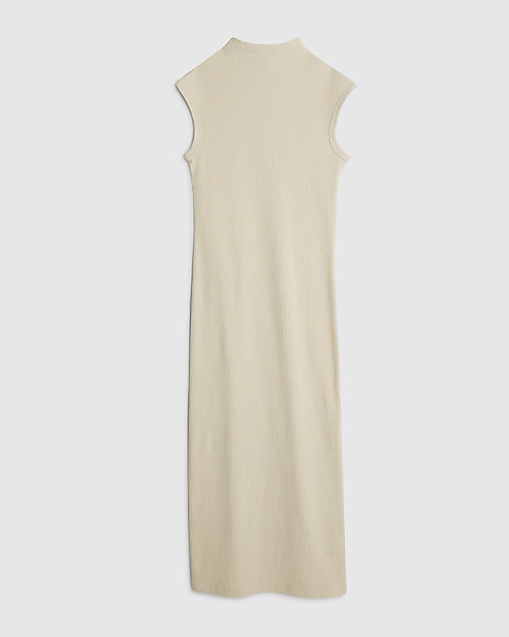Cream High Neck Ribbed Midi Dress