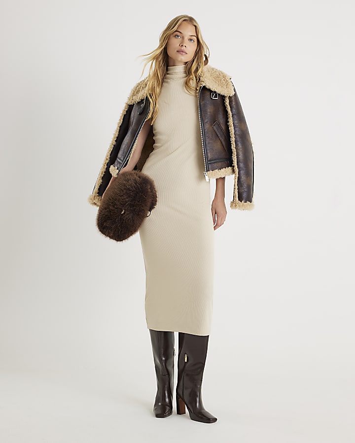 Cream High Neck Ribbed Midi Dress