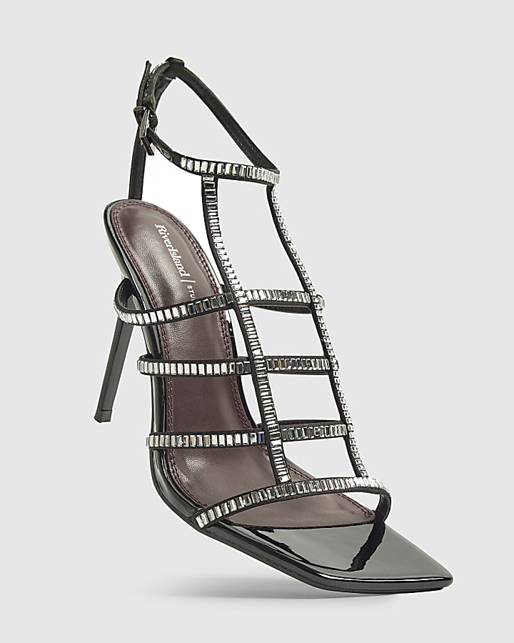 Black Embellished Cut Out Heeled Sandals