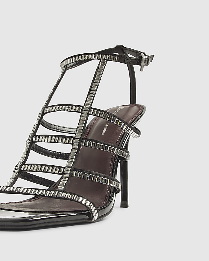 Black Embellished Cut Out Heeled Sandals