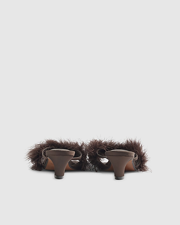 Brown Feather Kitten Heel Mules