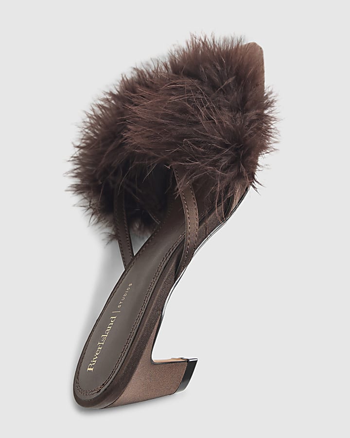 Brown Feather Kitten Heel Mules