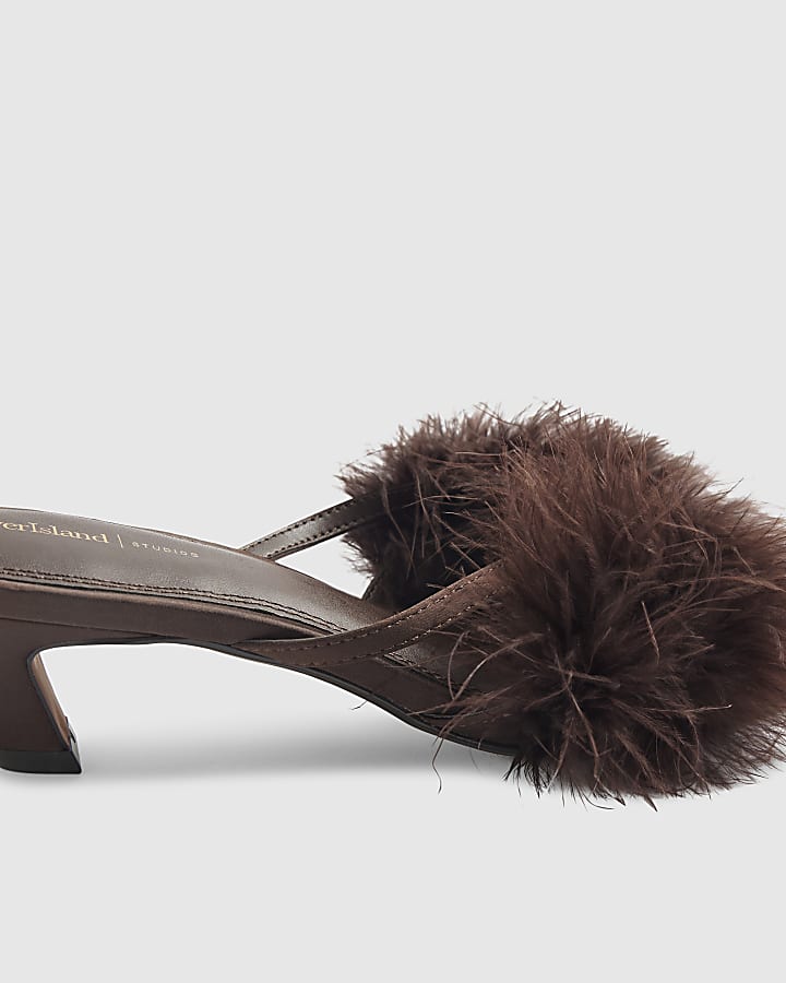 Brown Feather Kitten Heel Mules