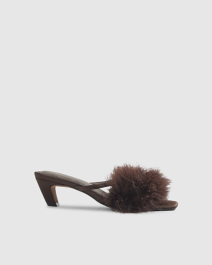Brown Feather Kitten Heel Mules