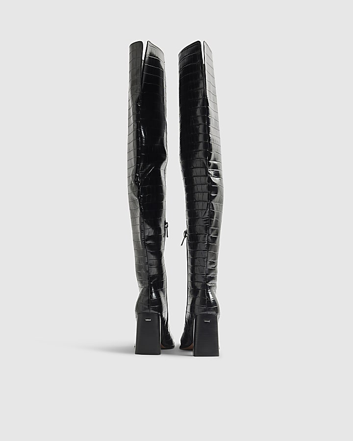 Black Thigh High Block Heel Boots
