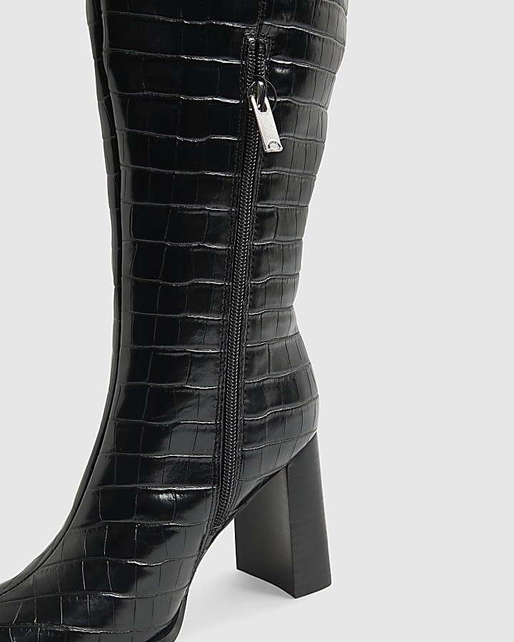 Black Thigh High Block Heel Boots