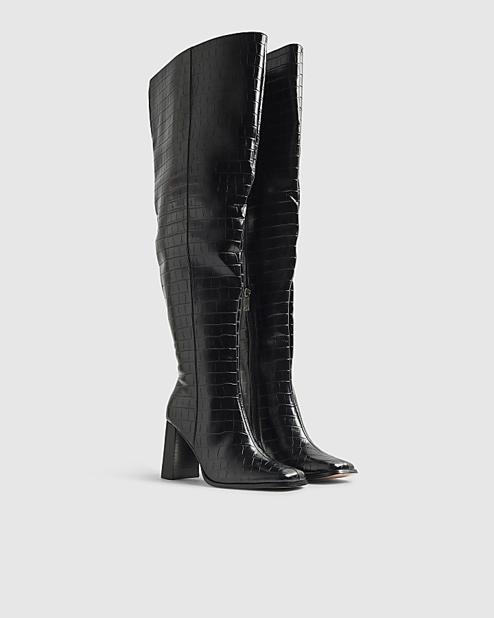 Black Thigh High Block Heel Boots