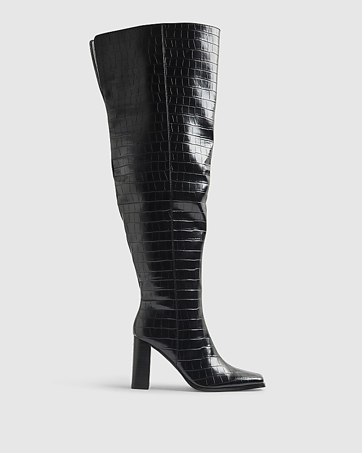 Black Thigh High Block Heel Boots
