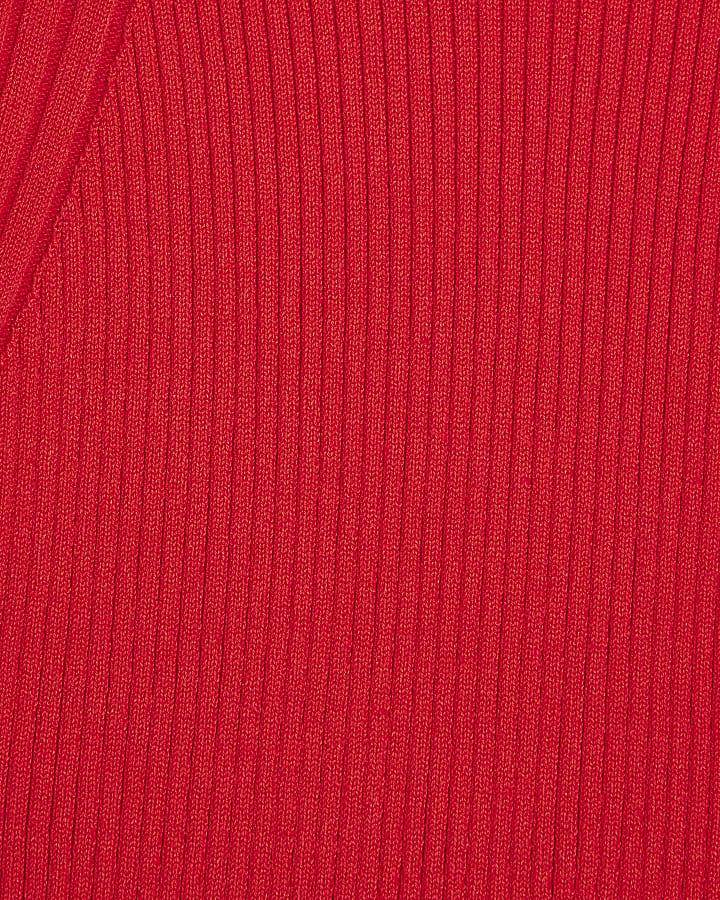 Red Knit Ribbed Roll Neck Top