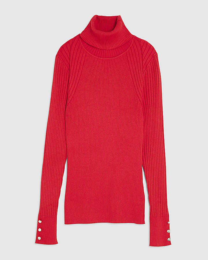 Red Knit Ribbed Roll Neck Top