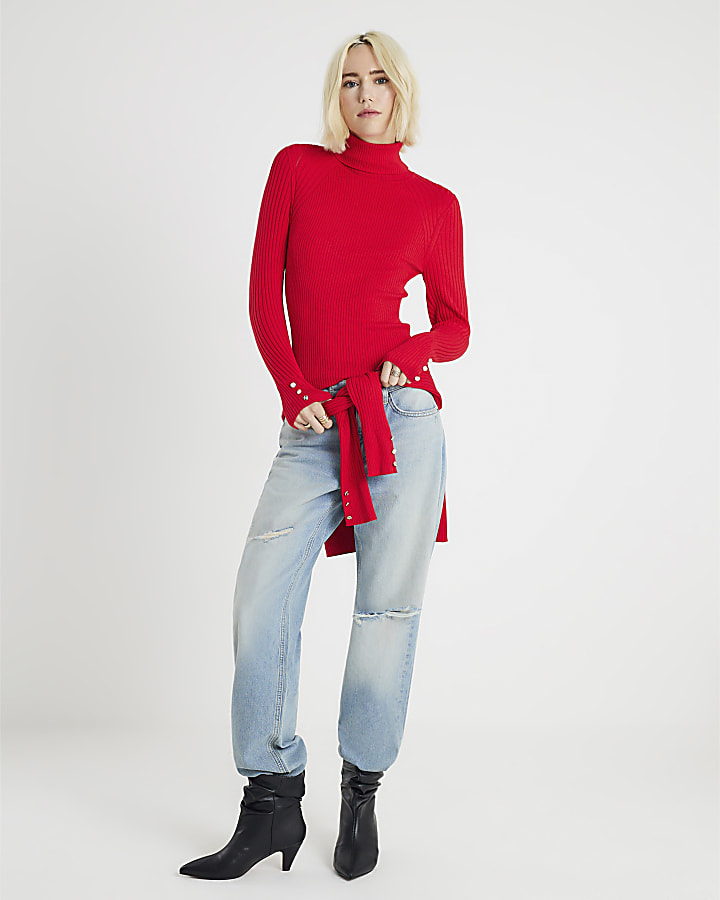 Red Knit Ribbed Roll Neck Top