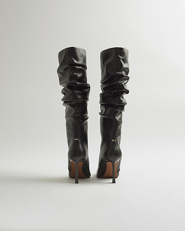 Black Wide Fit Gathered High Leg Boots