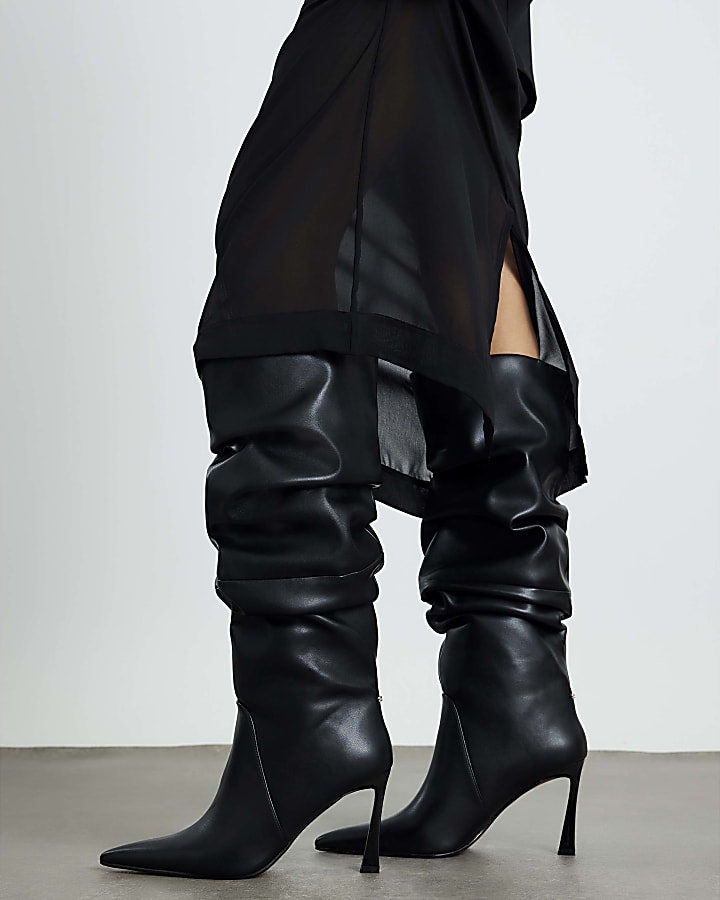 Black Wide Fit Gathered High Leg Boots