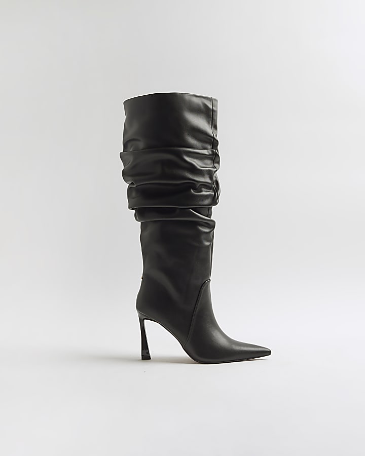 Black Wide Fit Gathered High Leg Boots
