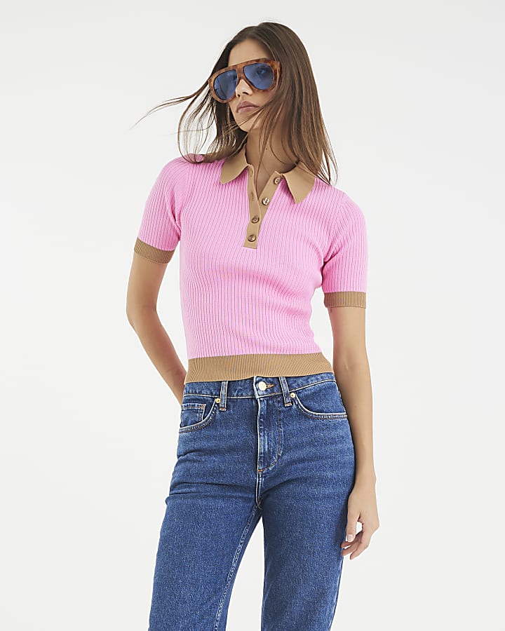 Pink Ribbed Short Sleeve Polo Top