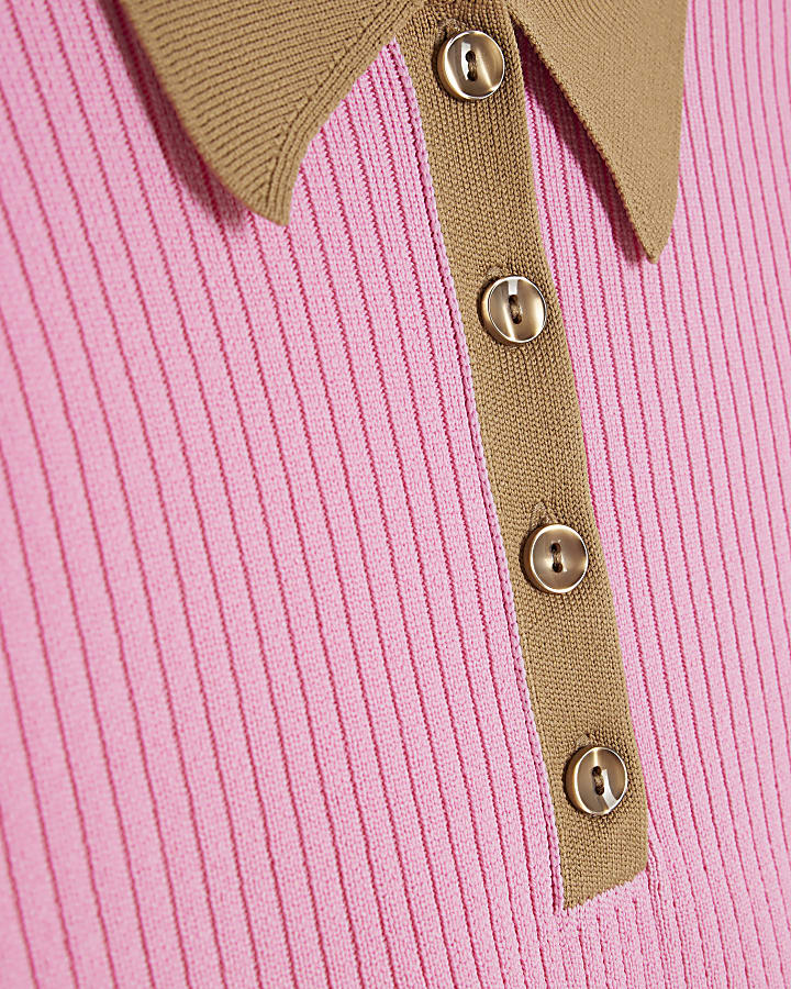 Pink Ribbed Short Sleeve Polo Top