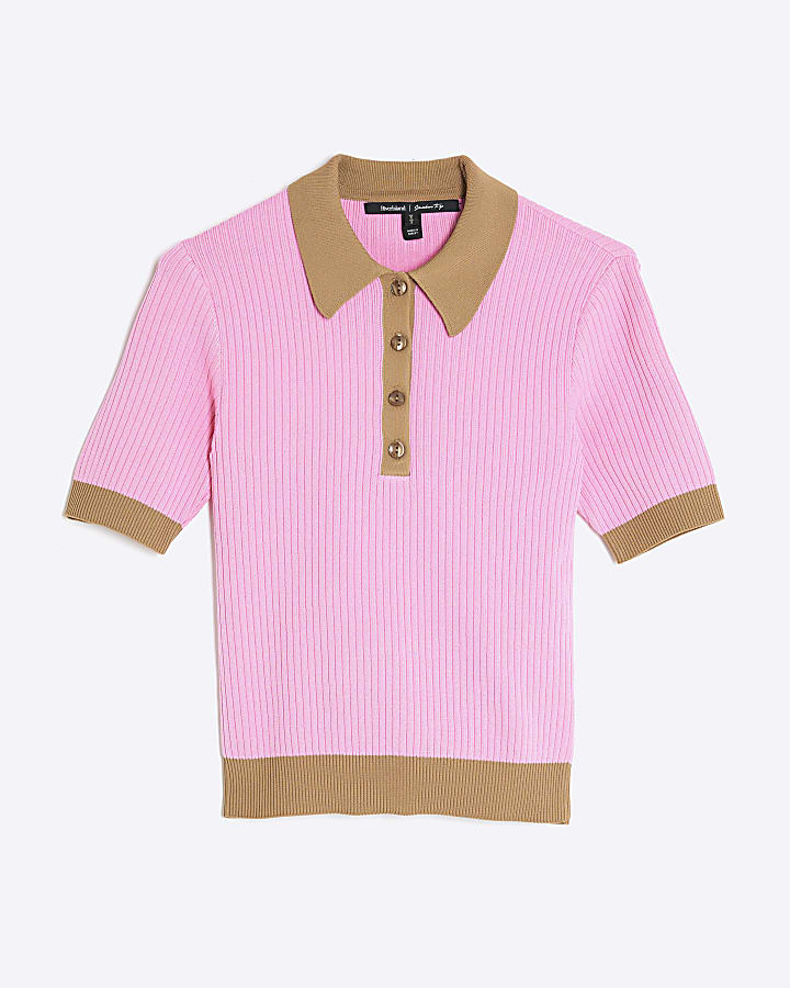Pink Ribbed Short Sleeve Polo Top