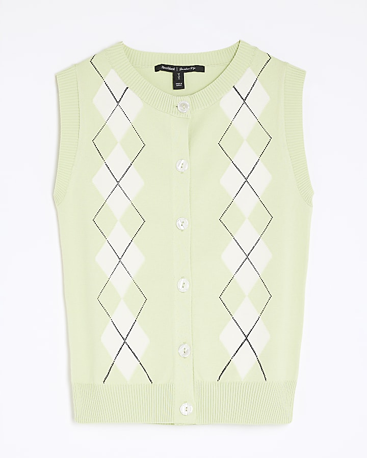 Green Argyle Sleeveless Knitted Waistcoat