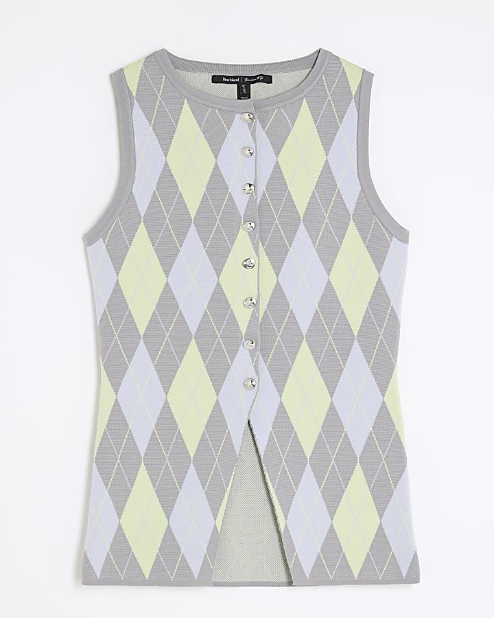 Grey Knit Argyle Print Waistcoat