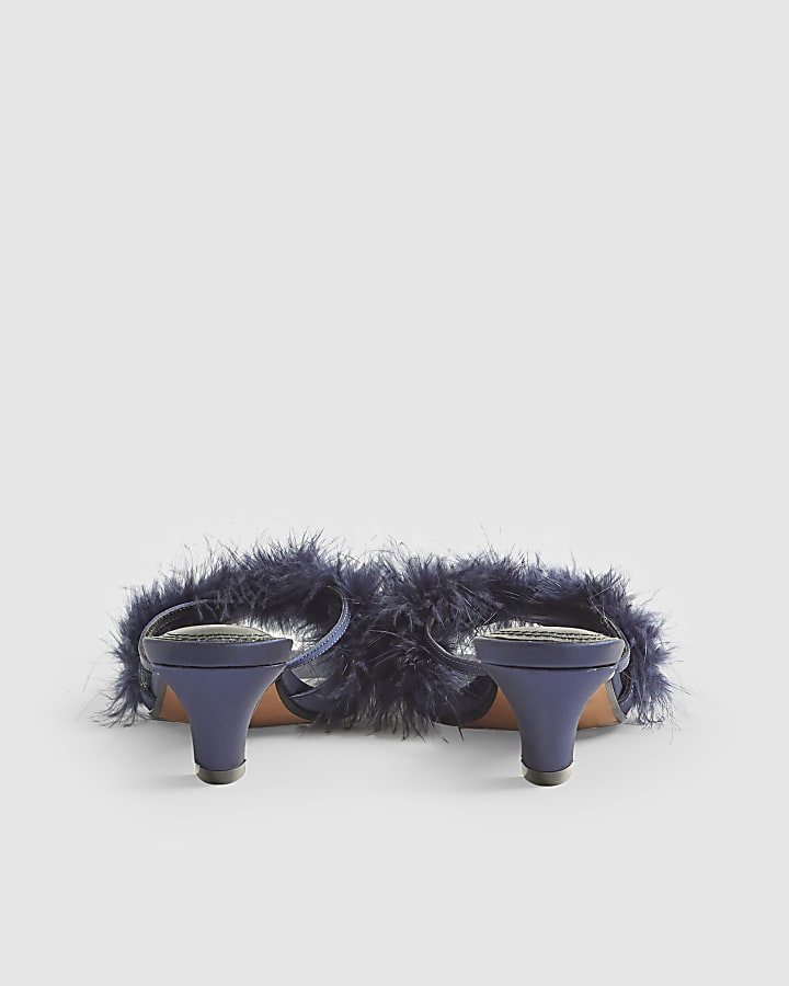 Blue Feather Kitten Heel Mules