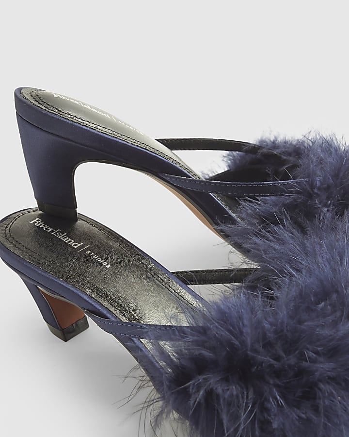 Blue Feather Kitten Heel Mules