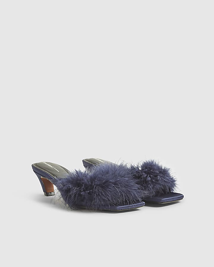 Blue Feather Kitten Heel Mules