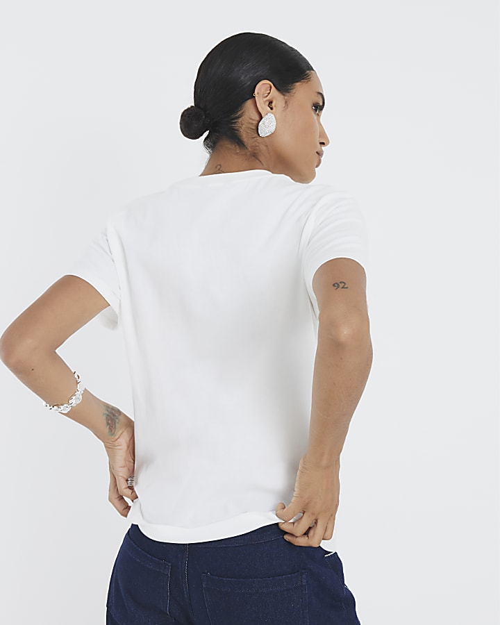 White Short Sleeve Heart Diamante T-shirt