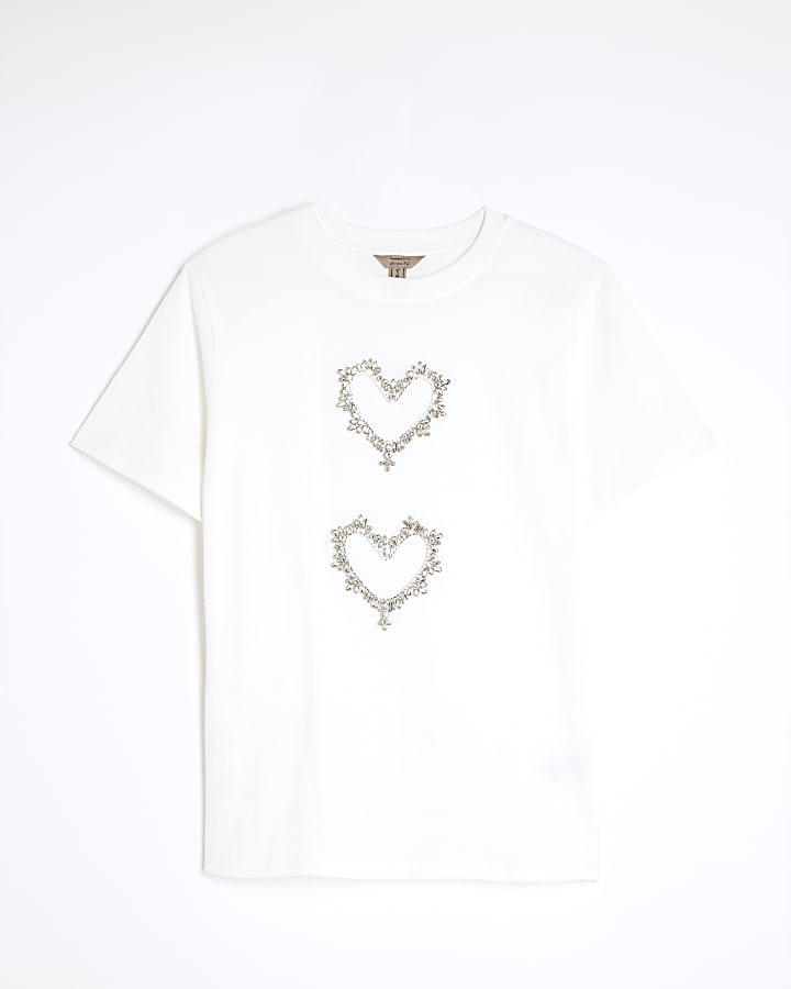White Short Sleeve Heart Diamante T-shirt