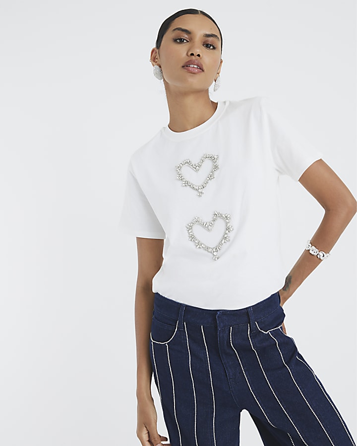 White Short Sleeve Heart Diamante T-shirt