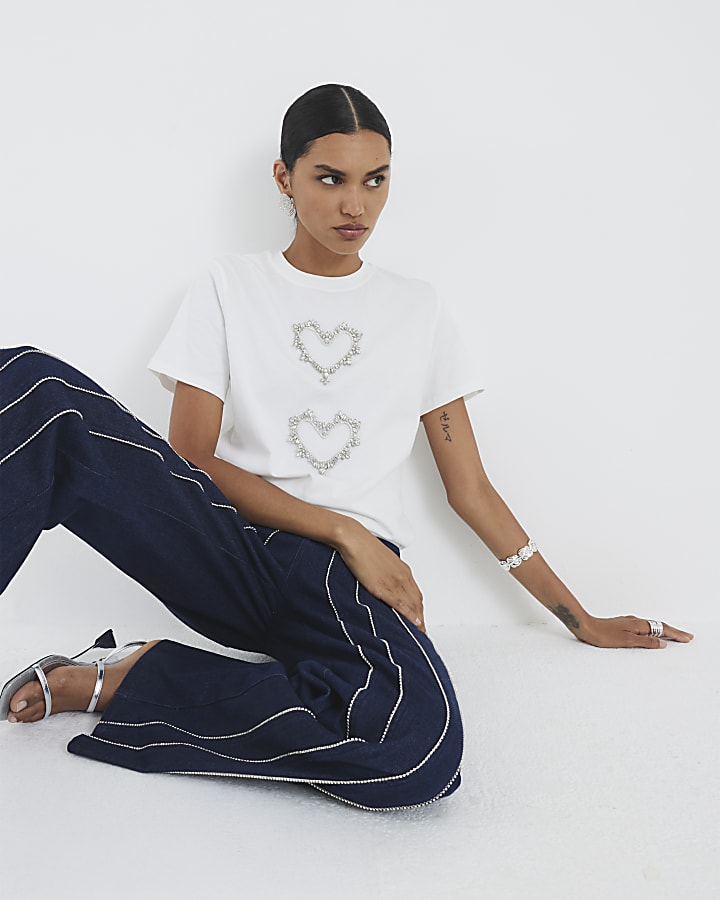 White Short Sleeve Heart Diamante T-shirt