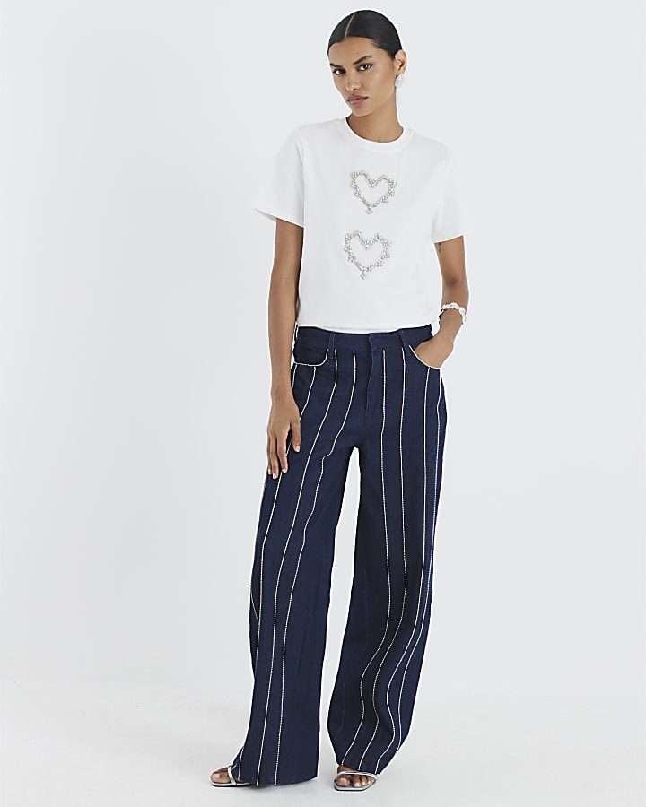White Short Sleeve Heart Diamante T-shirt