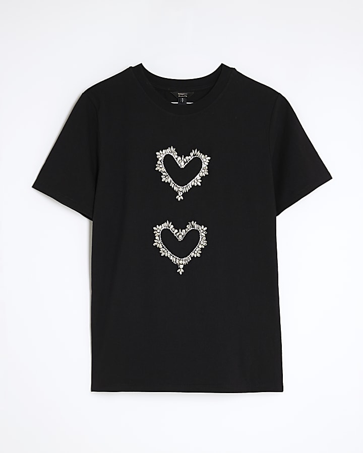 Black Short Sleeve Heart Diamante T-shirt