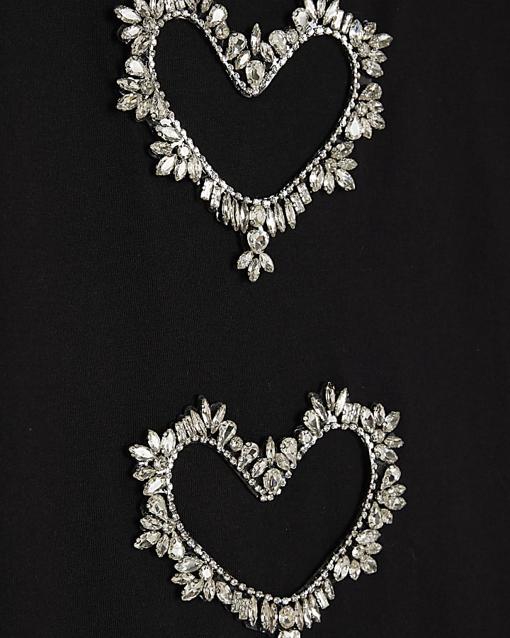 Black Short Sleeve Heart Diamante T-shirt