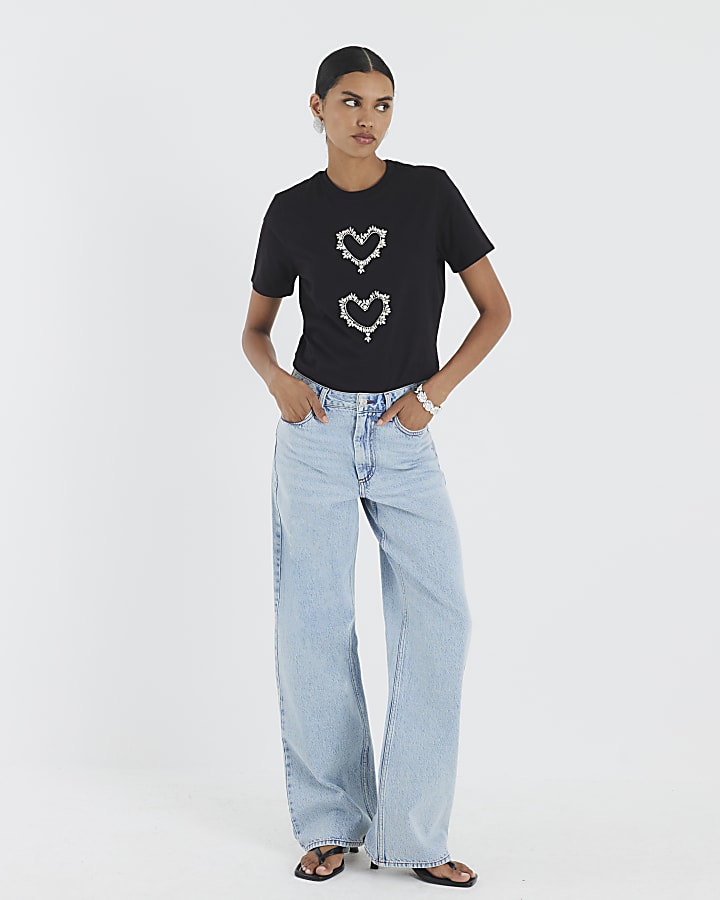 Black Short Sleeve Heart Diamante T-shirt