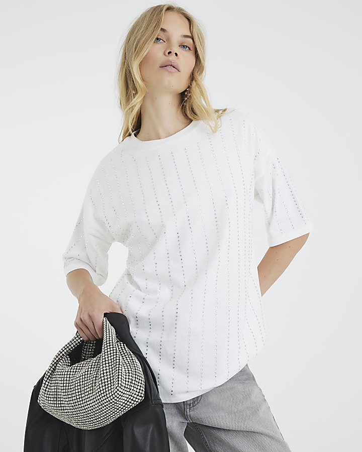 White Diamante Embellished T-shirt